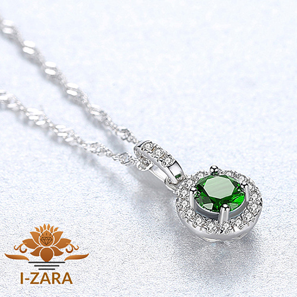 Women's Classic Rhodium Plated Round Emerald Gemstone Unique Necklace