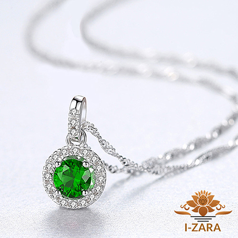 Women's Classic Rhodium Plated Round Emerald Gemstone Unique Necklace