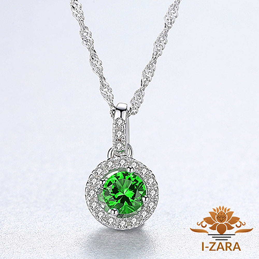 Women's Classic Rhodium Plated Round Emerald Gemstone Unique Necklace