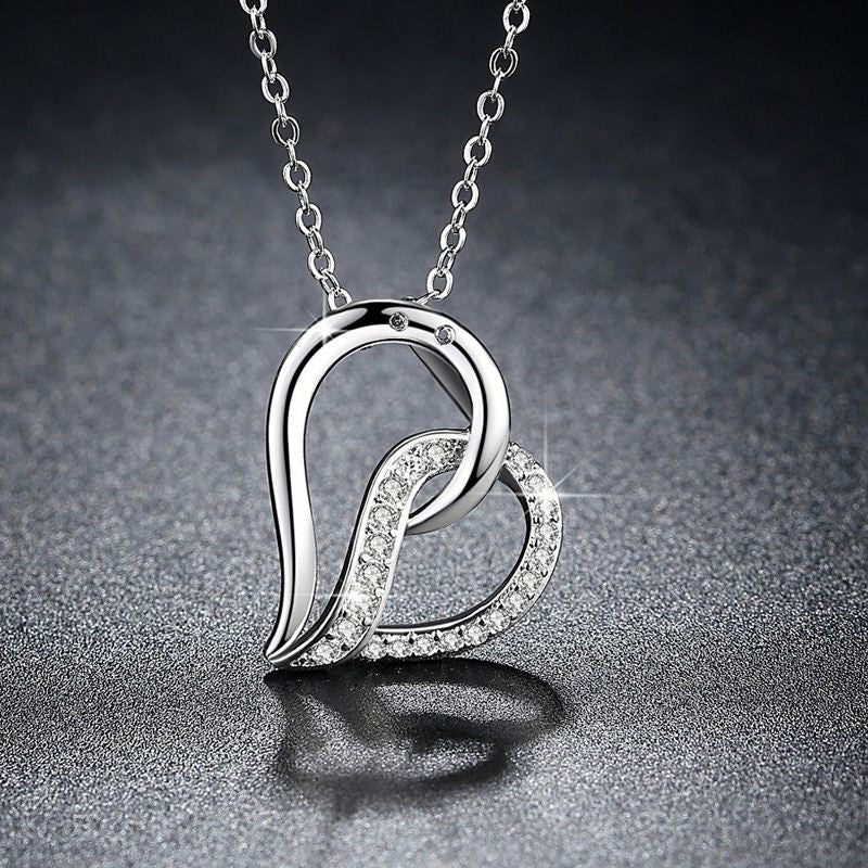 Cubic Zirconia Inlayed Double Hearts Pendant Necklace for Women's