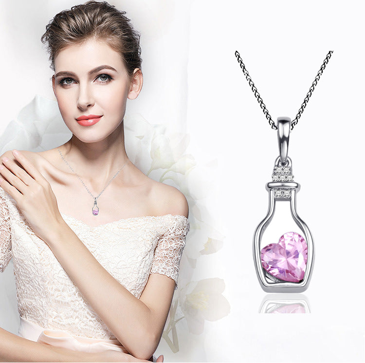Women Drift Bottle Crystal Heart Link Chain Pendant Necklace 2021